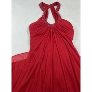 Xscape Evening Gown Womens 12 Red Beaded Halter Formal Chiffon Maxi Dress‎